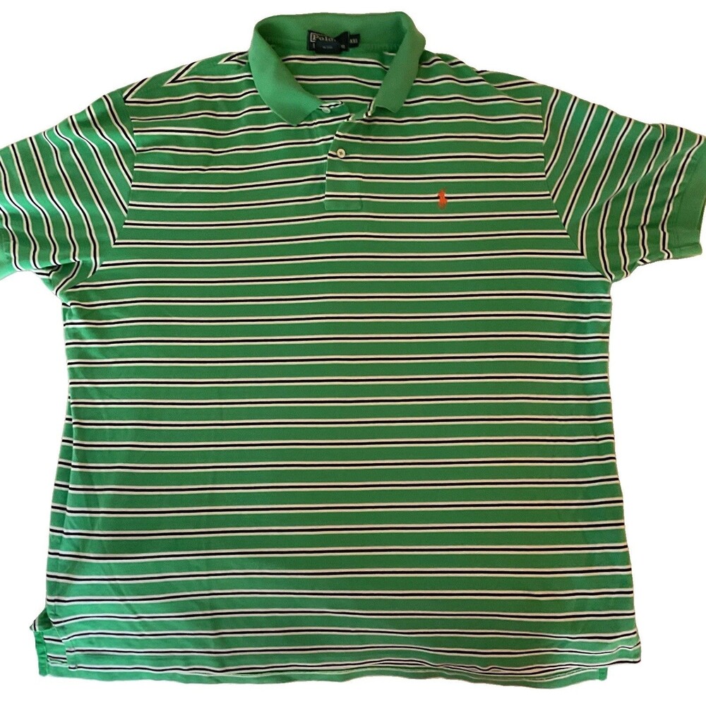 Vintage Polo Ralph Lauren Polo Shirt Mens XXL Green Blue Striped Short Sleeve
